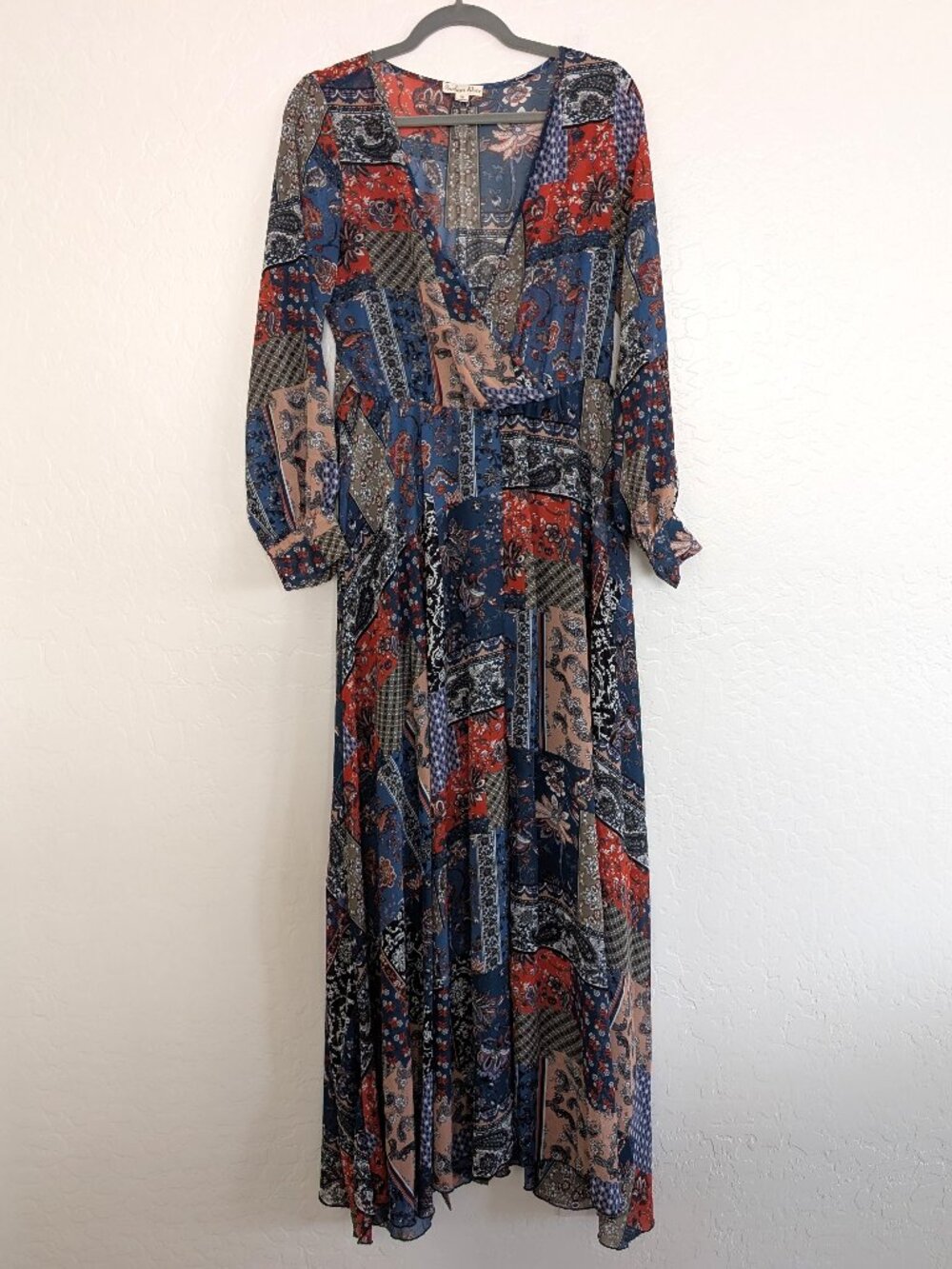 NDIGO ROSE Dress M Multicolor Faux Style Patchwork Boho Tie Long Sleeve